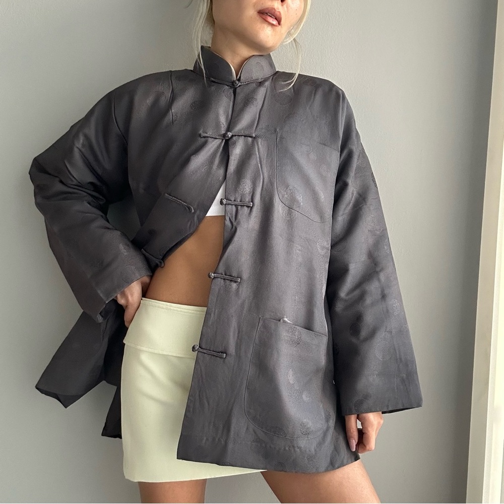 100% Silk Vintage Oriental Jacquard Unisex Double Collar Shirt Jacket w/ Pockets